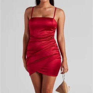Red Windsor Wrapped In Stylish Satin Mini Dress